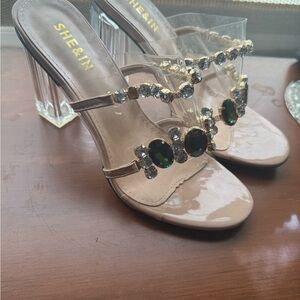 Beige Patent Clear Strap Gem Block Heel Mules